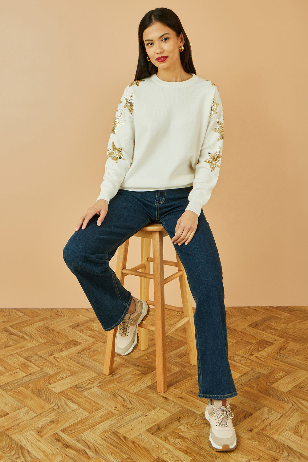 Yumi White Relaxed Fit Jumper With Sequin Star Sleeves