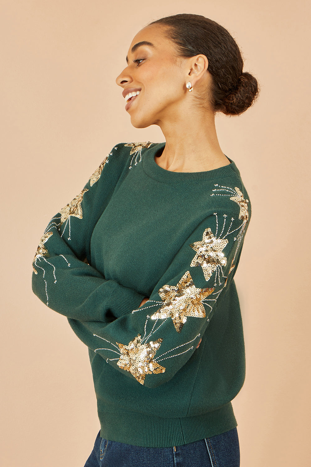 Yumi Green Relaxed Fit Jumper With Sequin Star Sleeves
