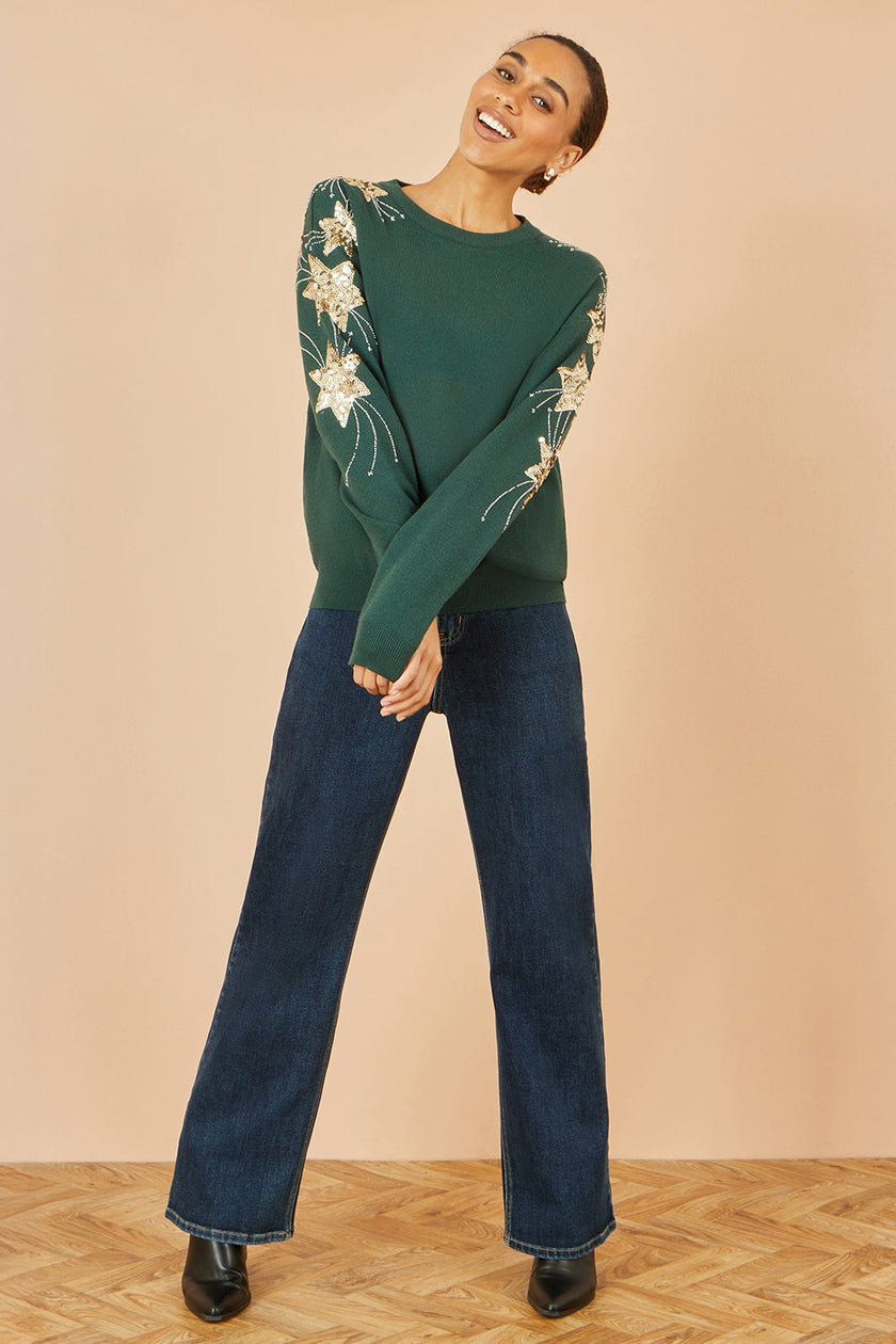 Yumi Green Relaxed Fit Jumper With Sequin Star Sleeves