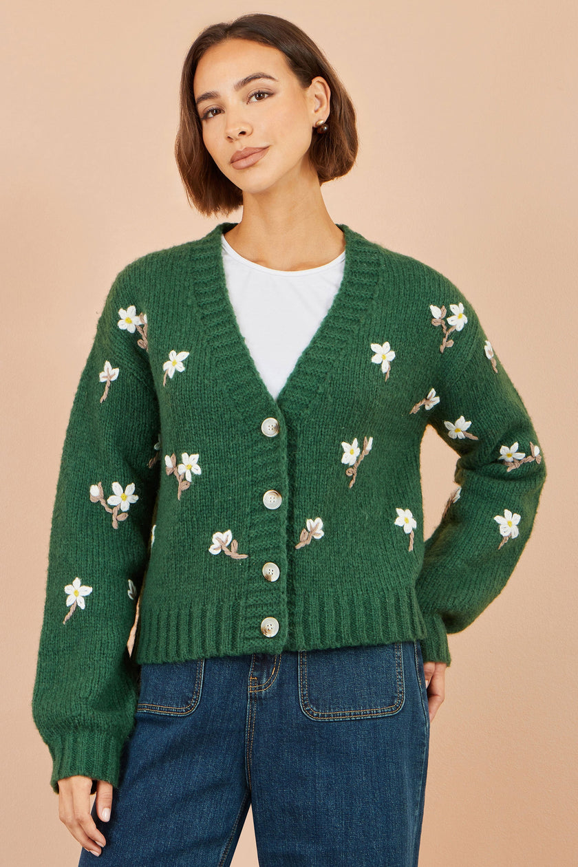 Yumi Green Hand Embroidered Chunky Knitted Cardigan