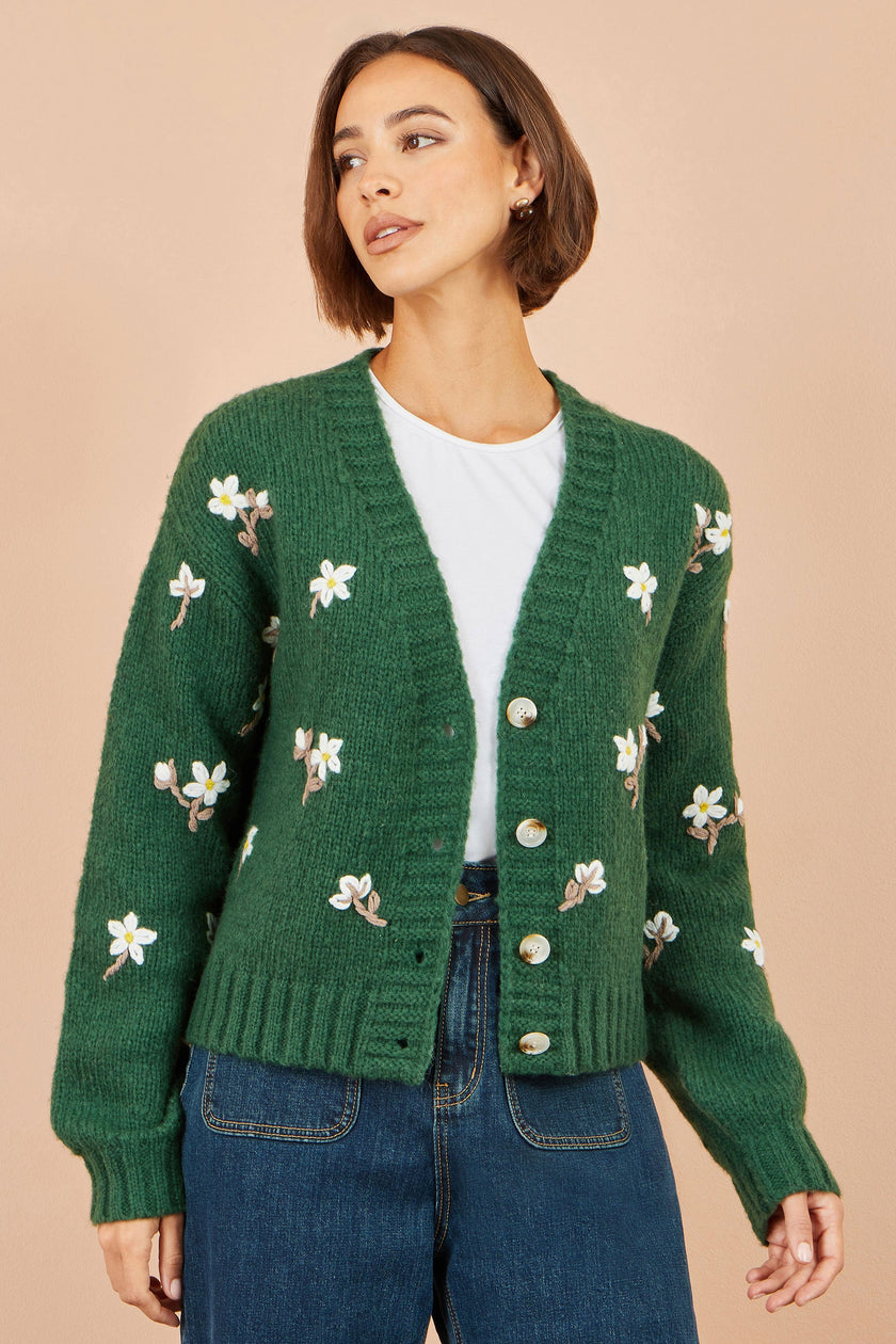 Yumi Green Hand Embroidered Chunky Knitted Cardigan