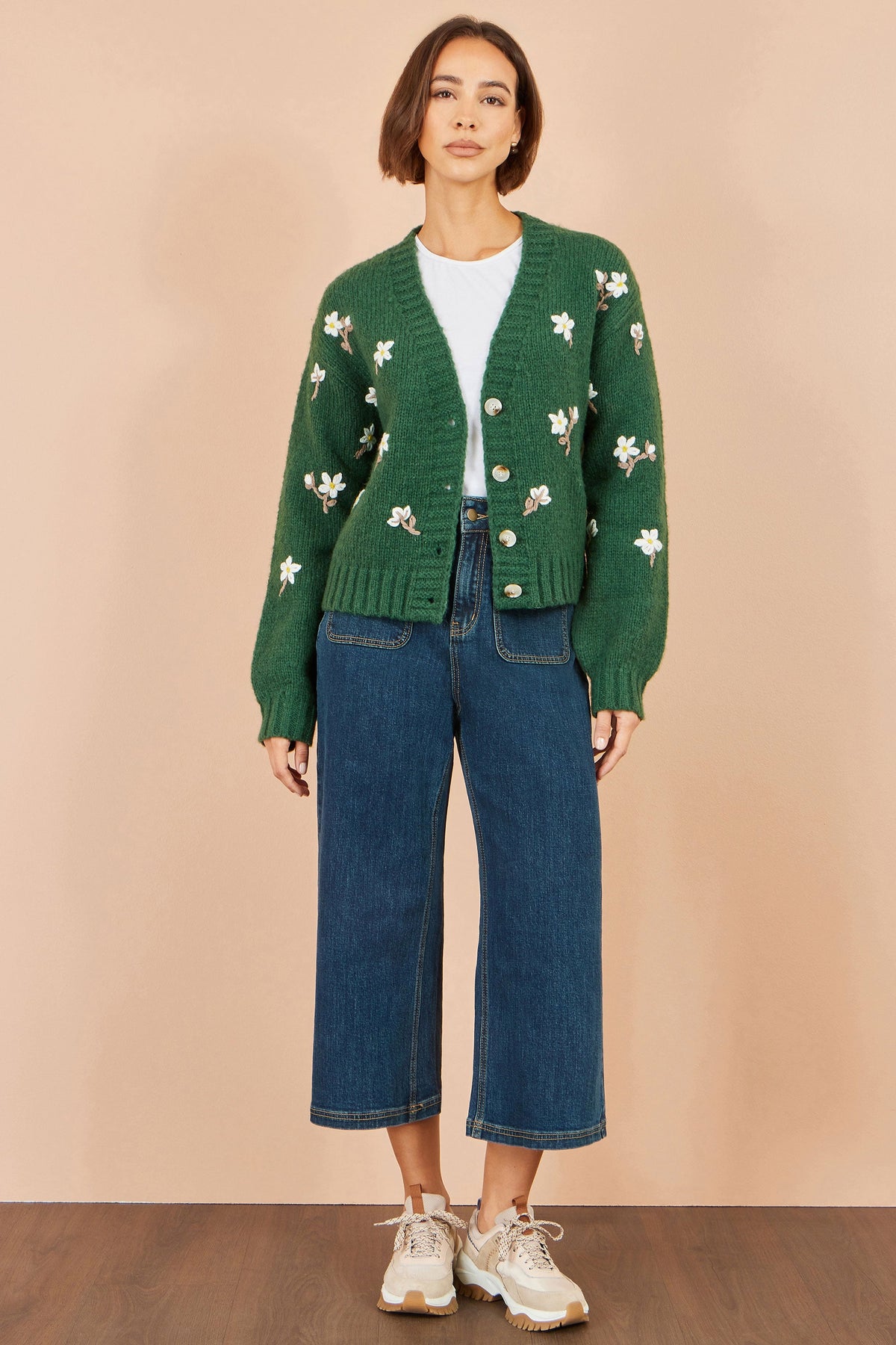 Yumi Green Hand Embroidered Chunky Knitted Cardigan