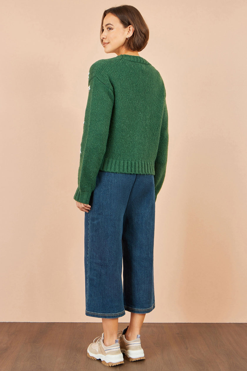 Yumi Green Hand Embroidered Chunky Knitted Cardigan