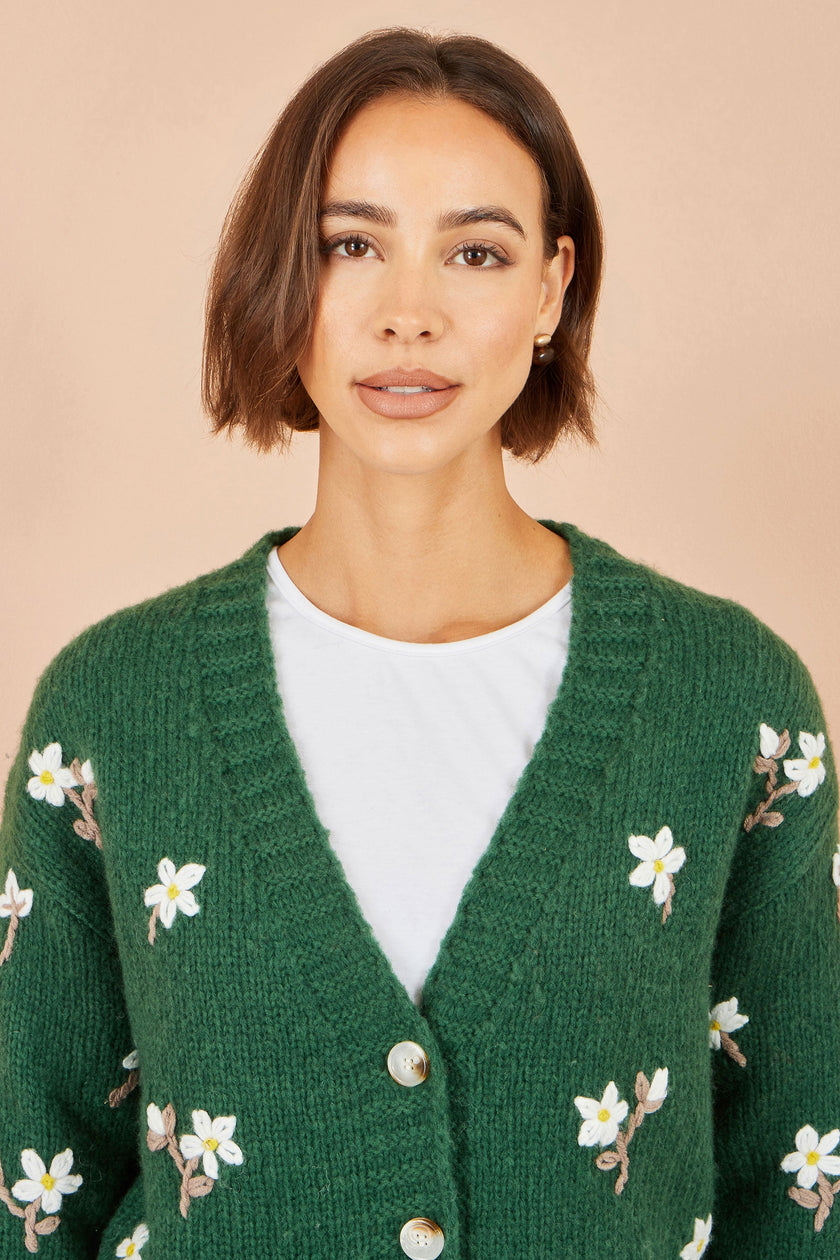 Yumi Green Hand Embroidered Chunky Knitted Cardigan