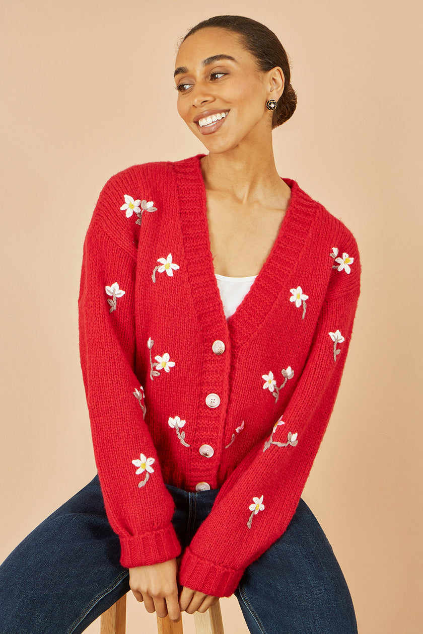 Yumi Red Hand Embroidered Chunky Knitted Cardigan