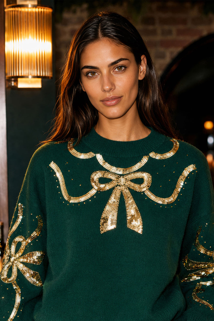 Jersey con escote de lazo y lentejuelas verdes de Yumi