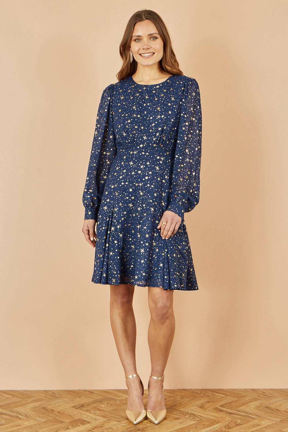 Yumi Navy Star Print Foil Long Sleeve Dress
