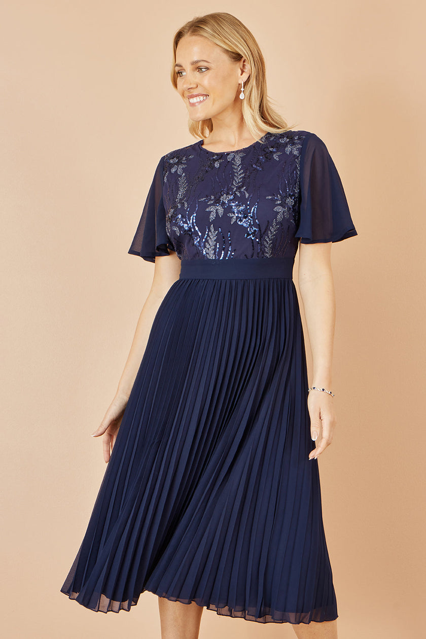 Yumi Navy Sequin Embellished Panel Pleated Midi Dress