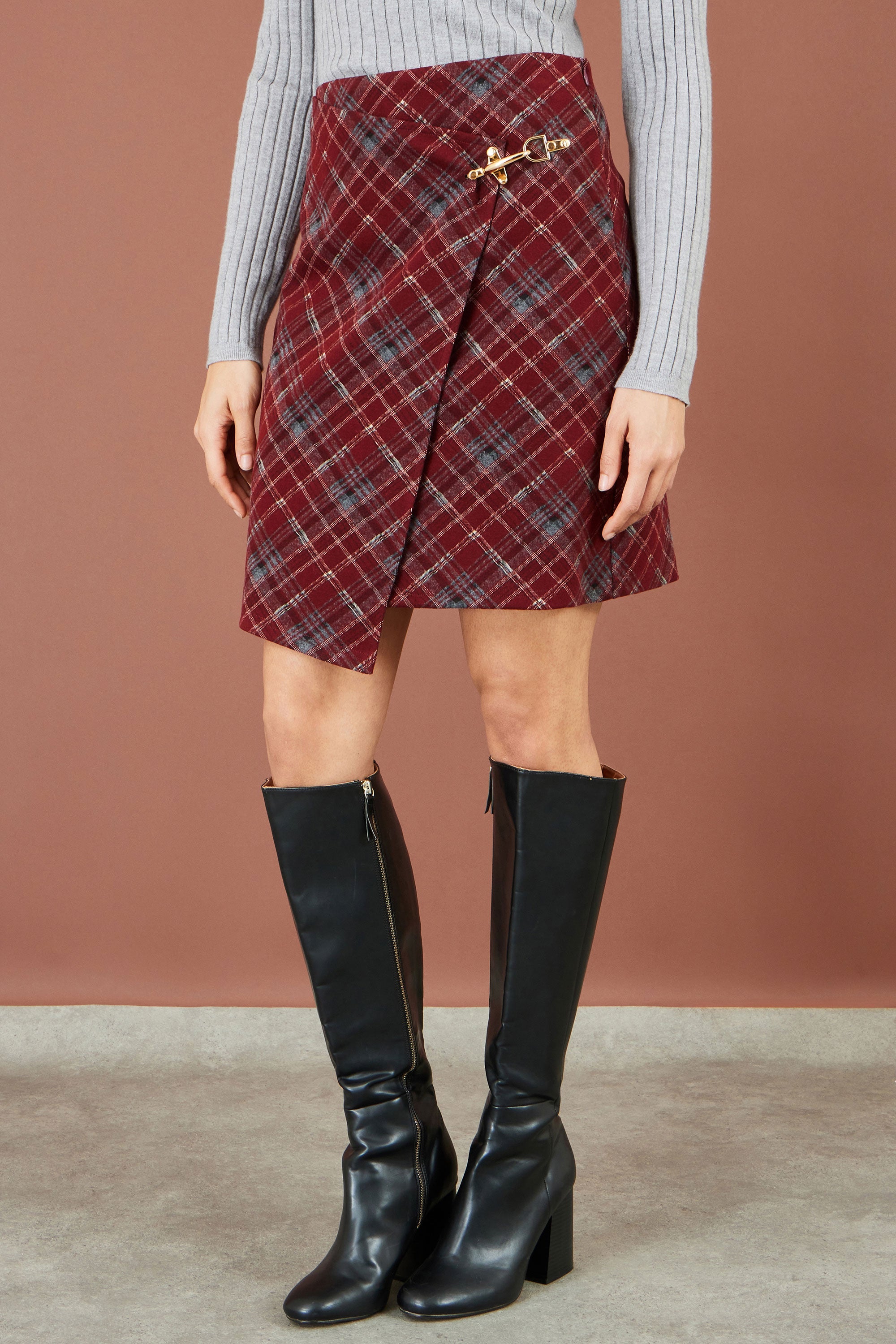 Yumi Burgundy Check Wrap Mini Skirt