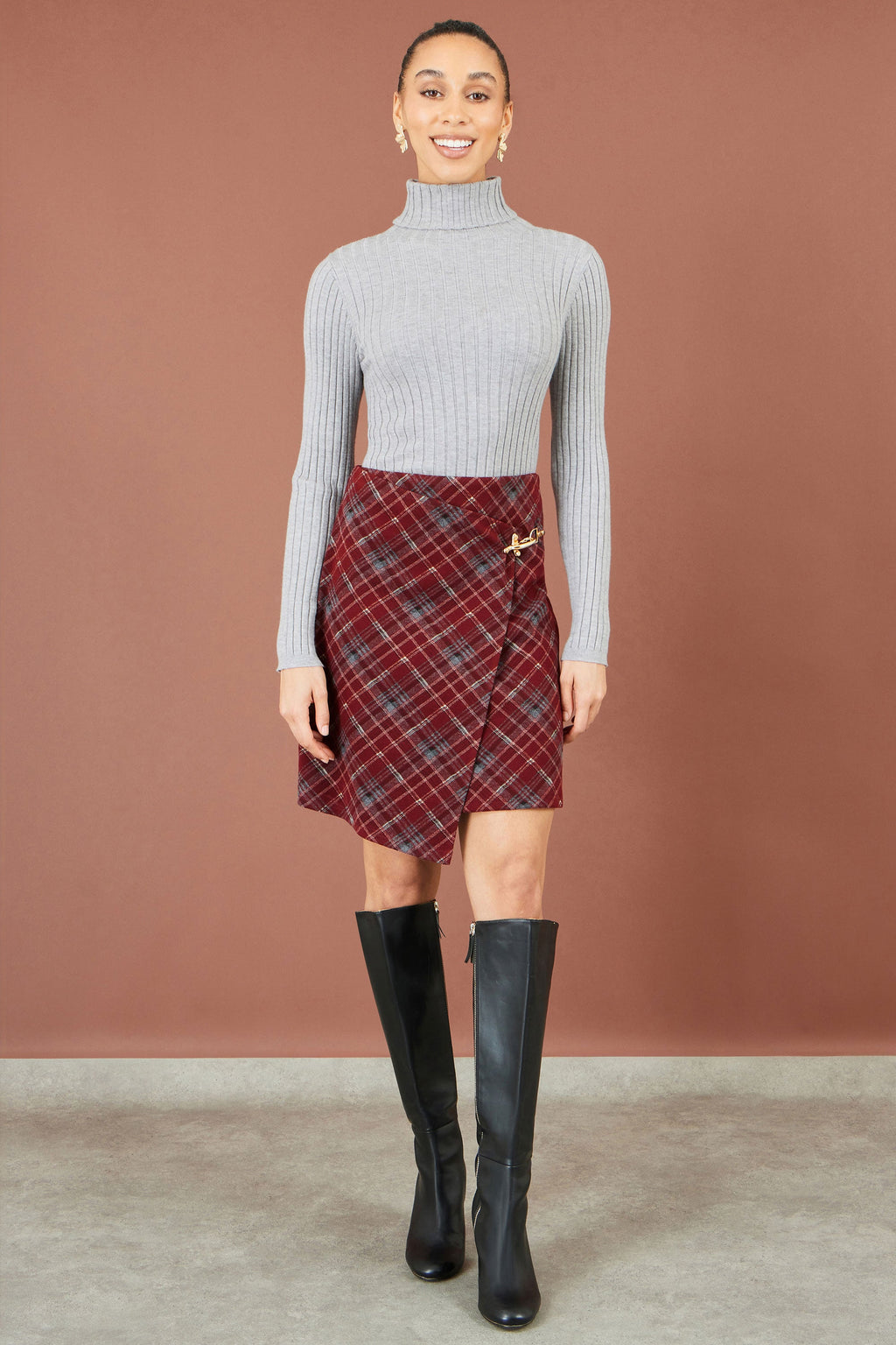 Yumi Burgundy Check Wrap Mini Skirt