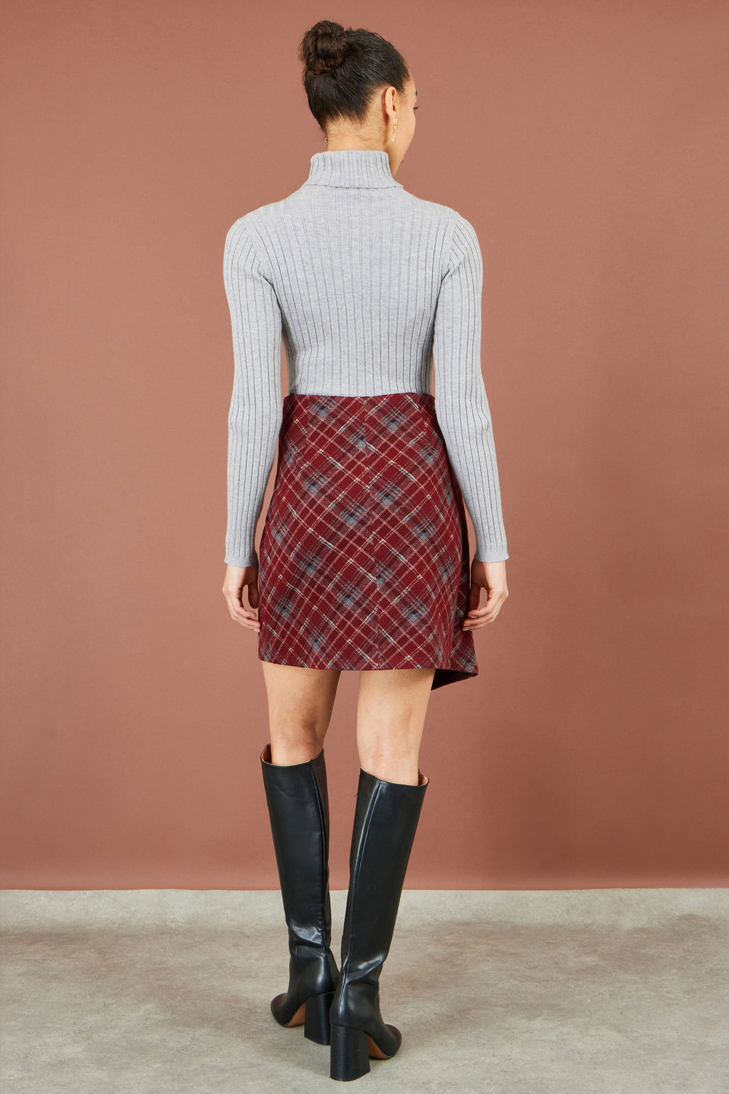 Yumi Burgundy Check Wrap Mini Skirt