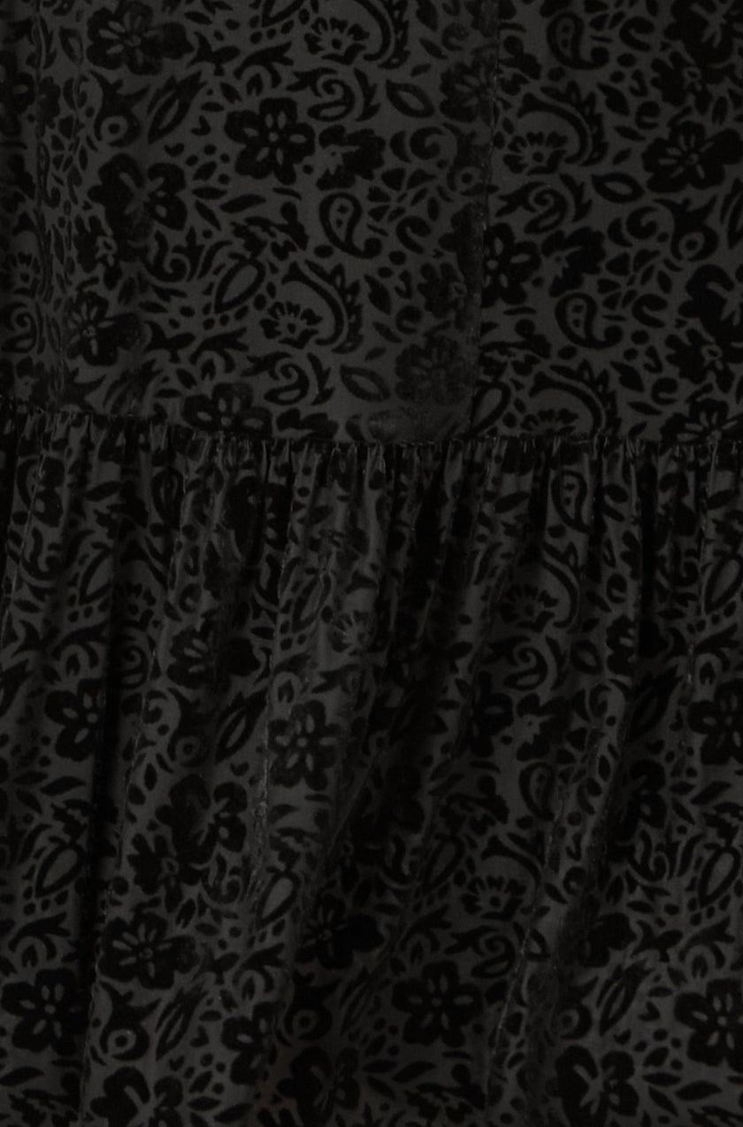 Yumi Black Floral Velour Velvet Twist Waist Midi Dress