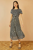 Yumi Black Velvet Spot Print Twist Knot Waist Midi Dress