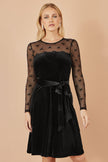 Yumi Black Velvet Skater Dress With Mesh Bow Sleeves