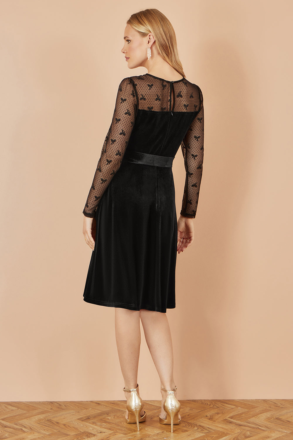 Yumi Black Velvet Skater Dress With Mesh Bow Sleeves