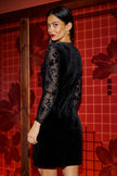 Yumi Black Fitted Velvet Dress With Sheer Floral Sleeves