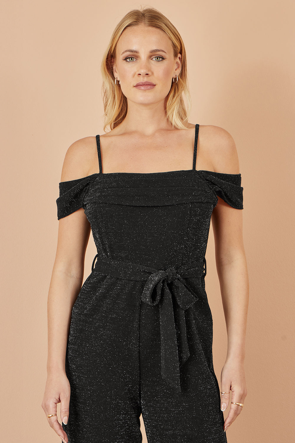 Yumi Black Sparkle Stretch Bardot Jumpsuit