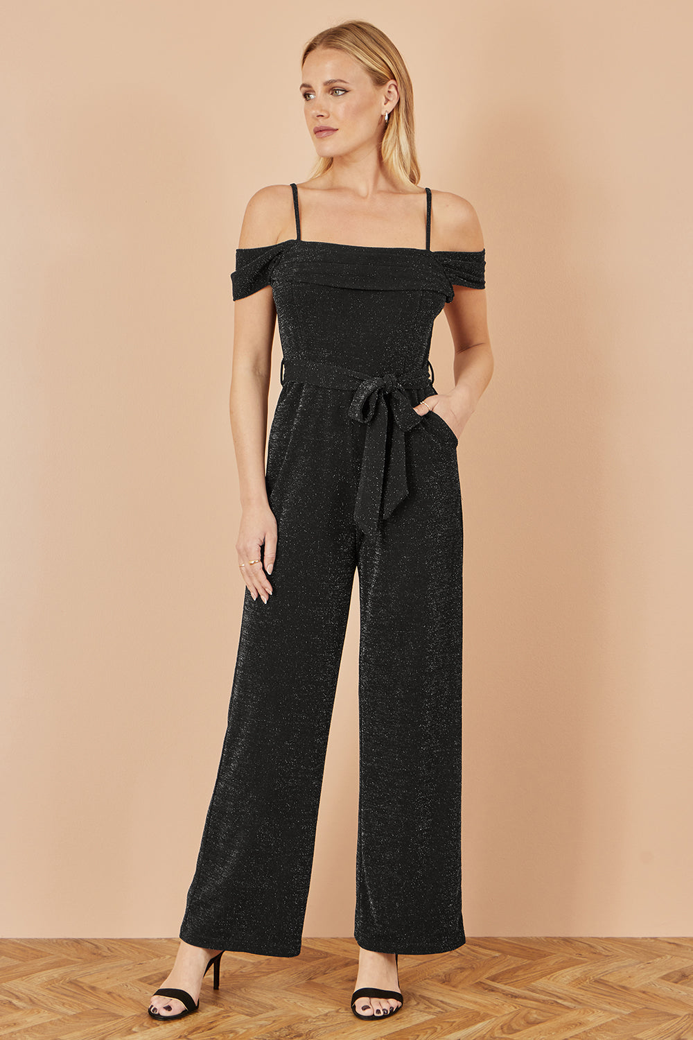 Yumi Black Sparkle Stretch Bardot Jumpsuit