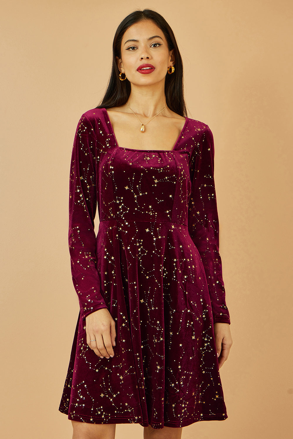 Yumi Burgundy Star Foil Print Long Sleeve Skater Dress