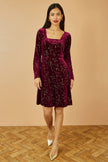 Yumi Burgundy Star Foil Print Long Sleeve Skater Dress