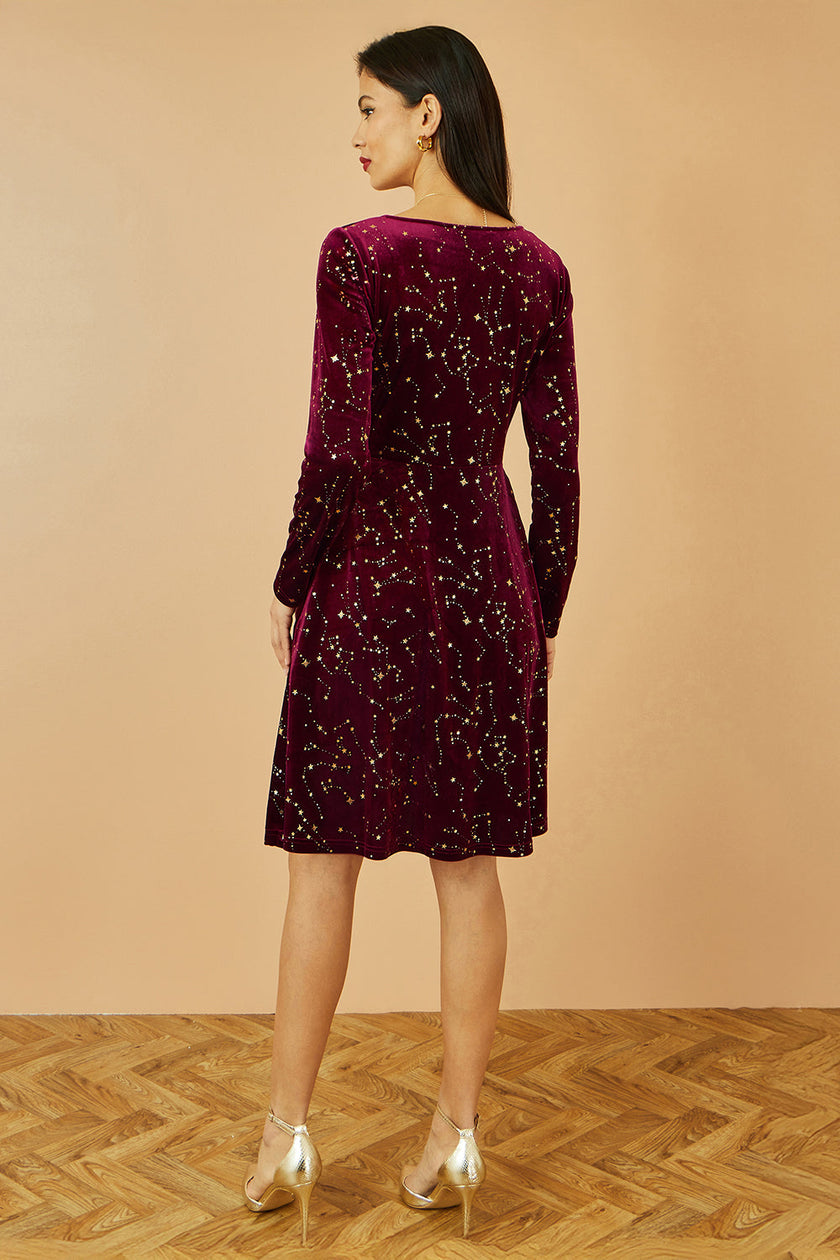 Yumi Burgundy Star Foil Print Long Sleeve Skater Dress