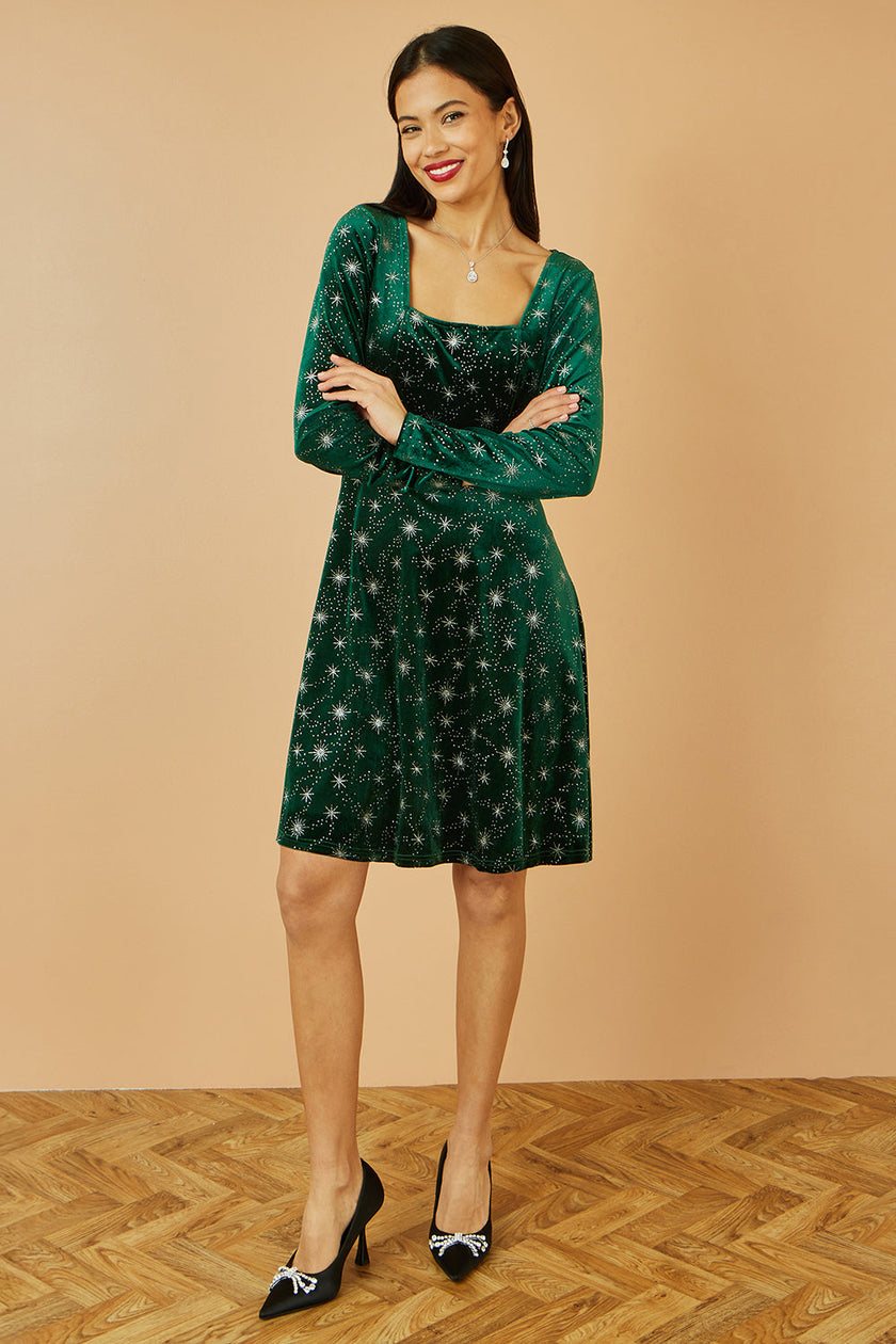 Yumi Green Starburst Foil Print Long Sleeve Skater Dress