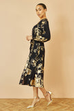 Yumi Black Foil Rose Print Midi Dress
