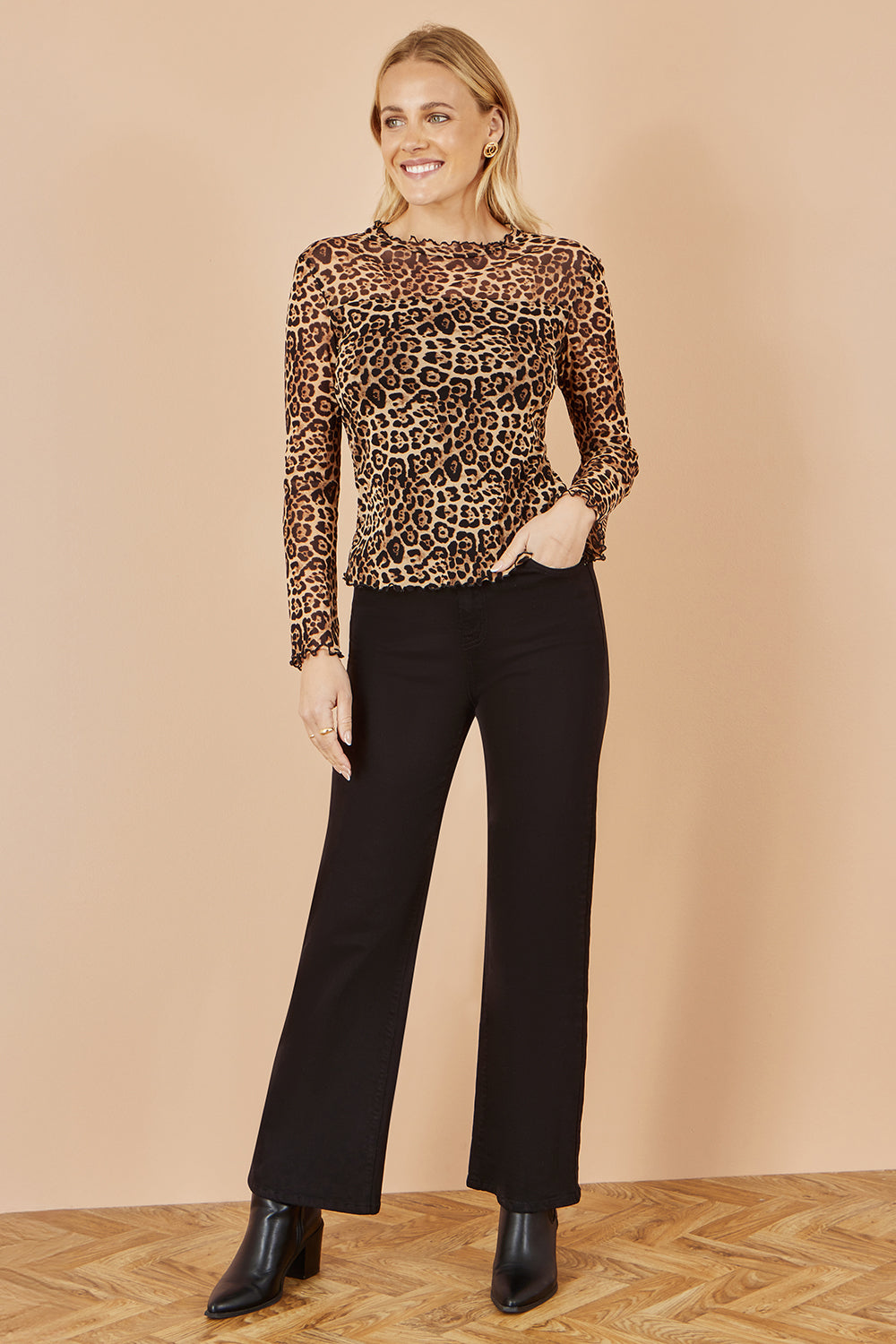 Yumi Brown Leopard Print Mesh Stretch Fitted Top
