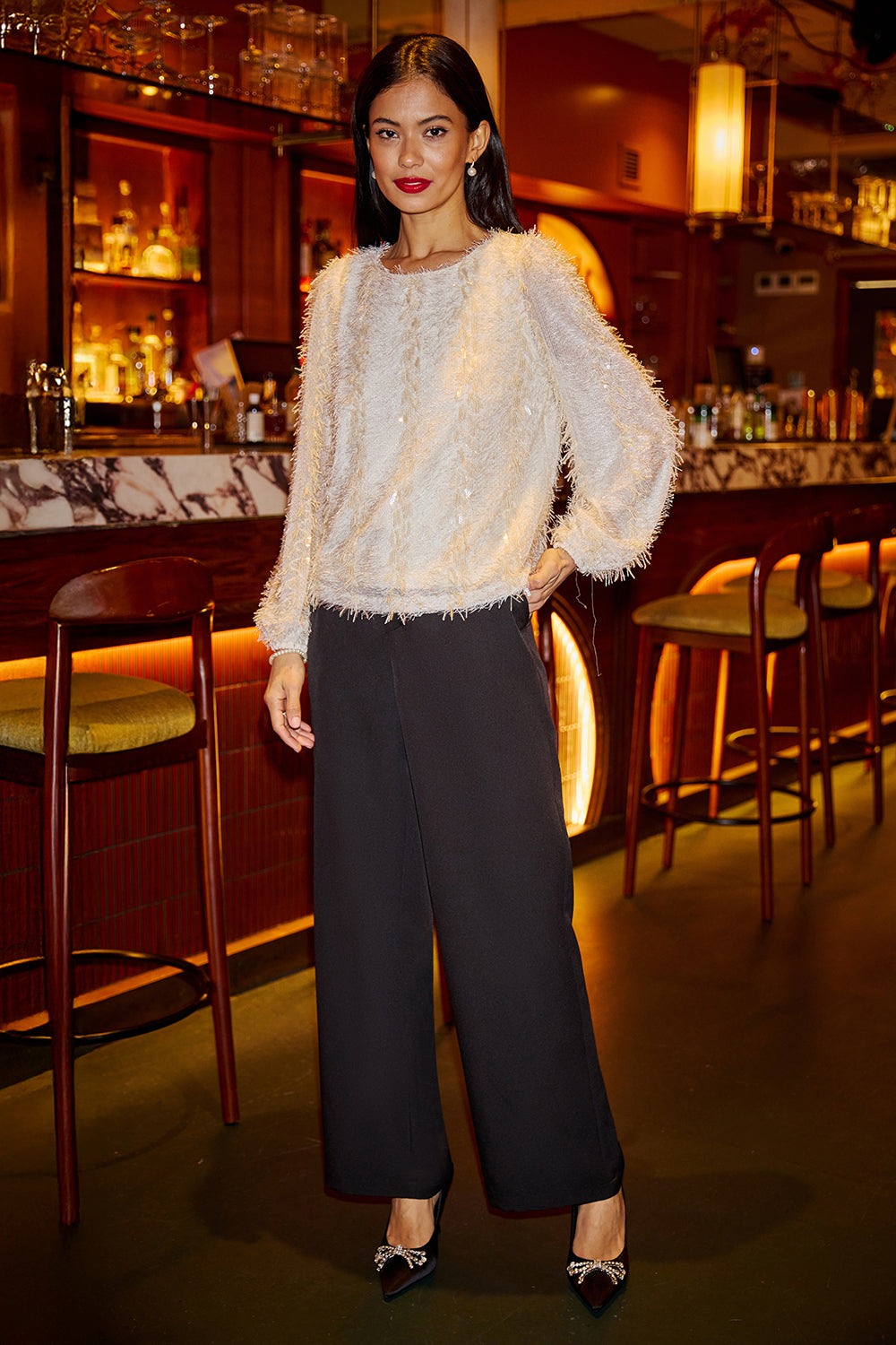 Yumi Ivory Hanging Sequin Long Sleeve Top