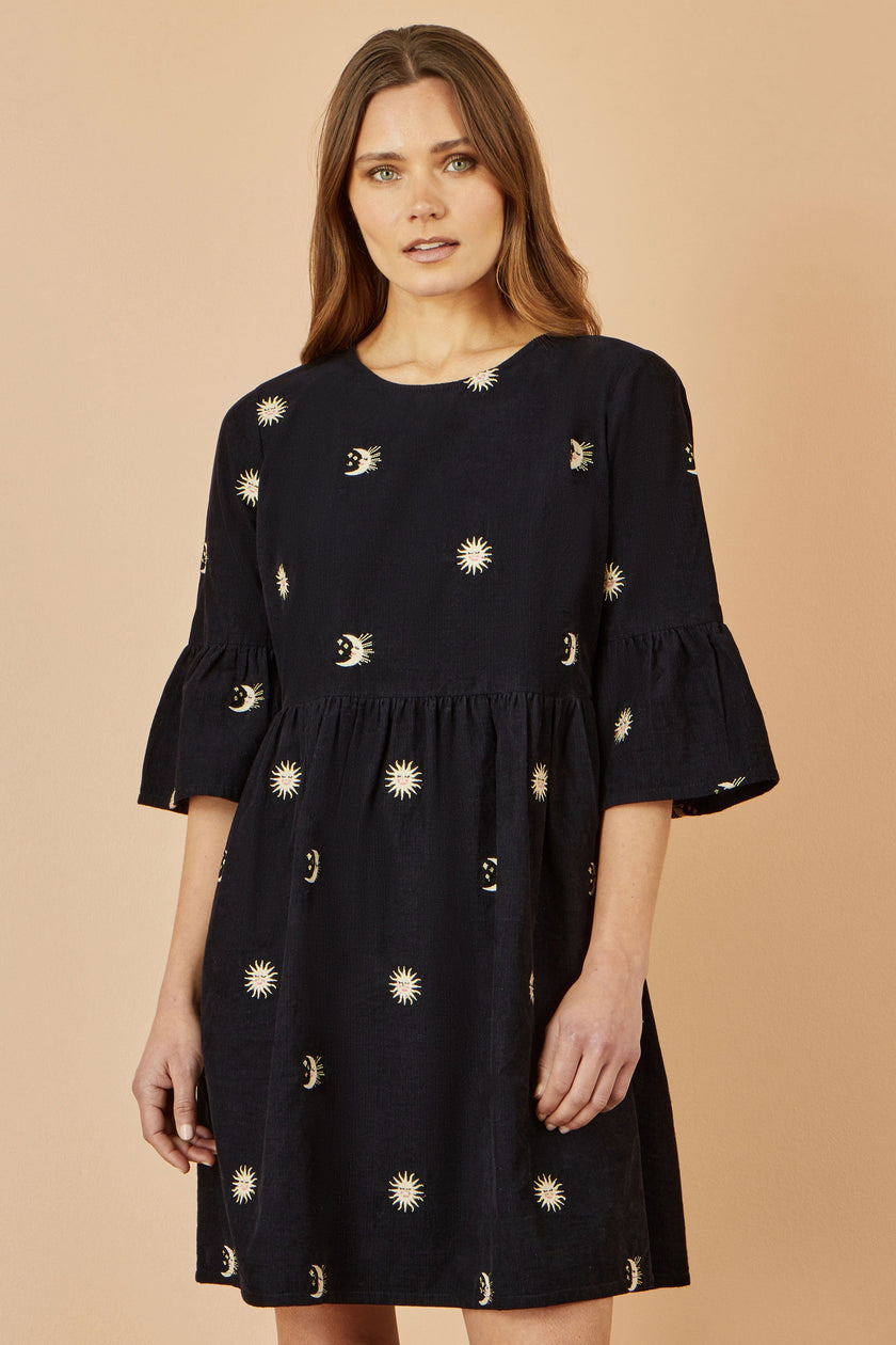 Yumi Black Cosmic Embroidery Cord Tunic Dress