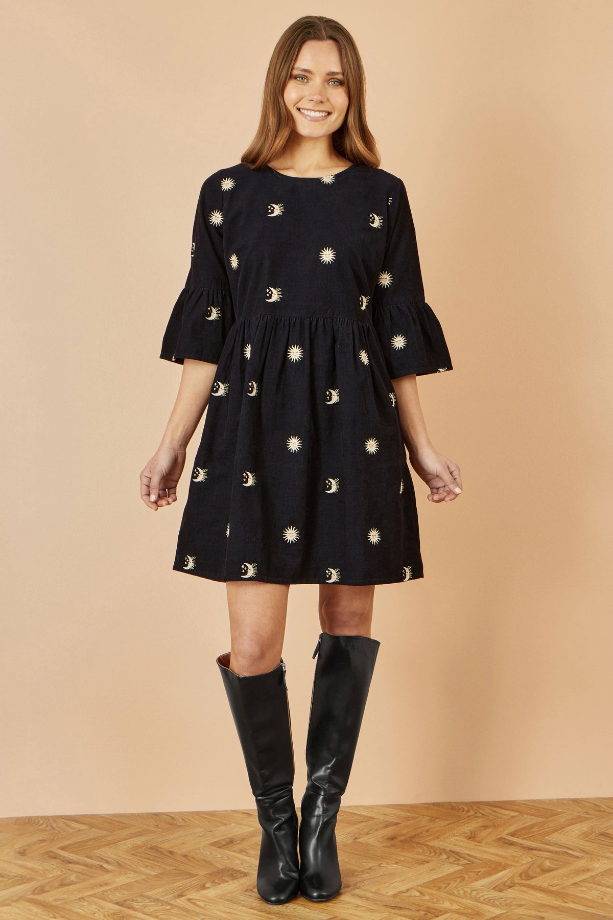 Yumi Black Cosmic Embroidery Cord Tunic Dress