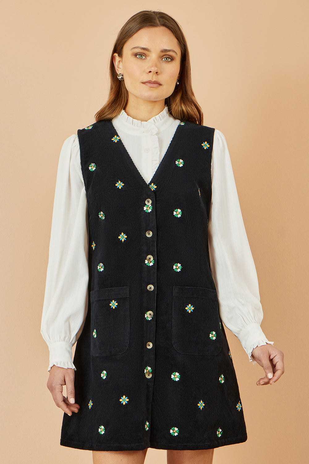 Yumi Black Flower Embroidered Button Up Pinafore Dress