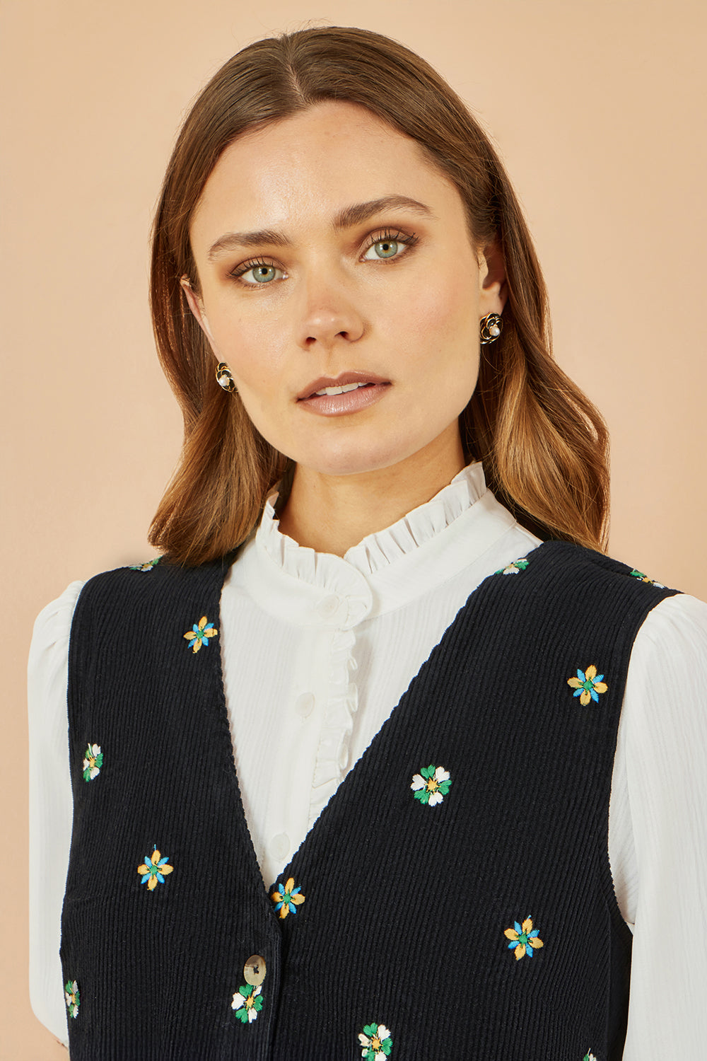 Yumi Black Flower Embroidered Button Up Pinafore Dress