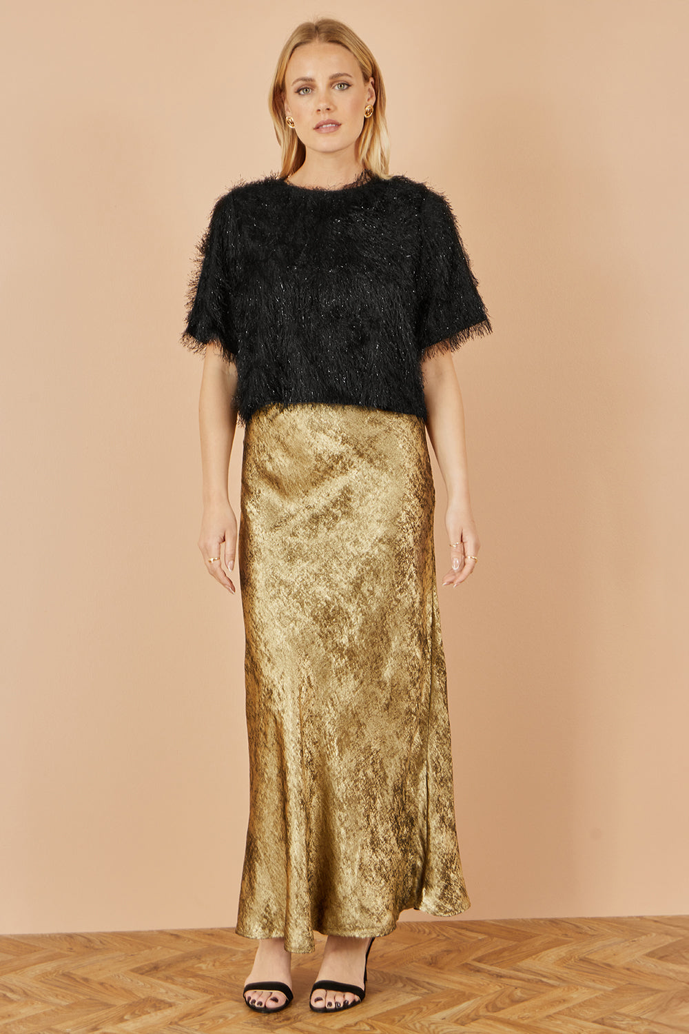 Yumi Gold Satin Midi Skirt