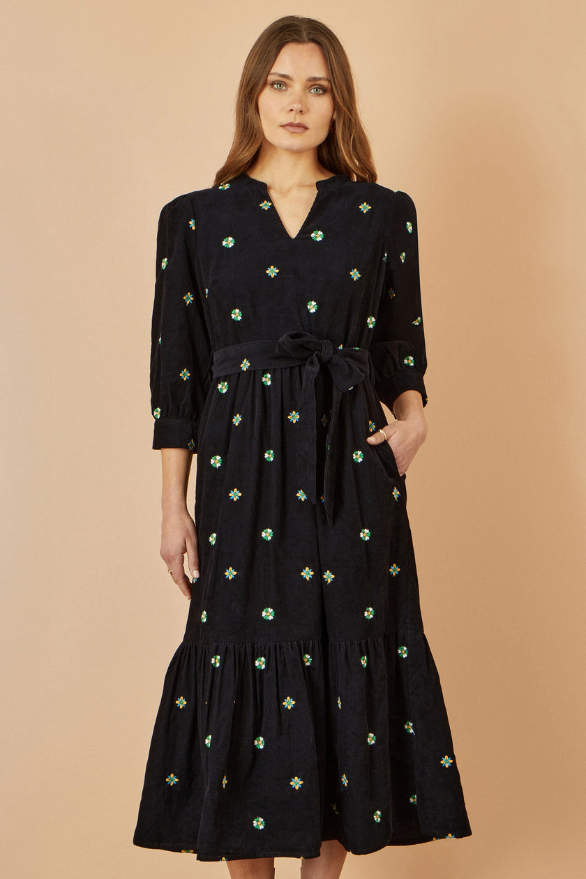 Yumi Black Flower Embroidery Midi Cord Dress