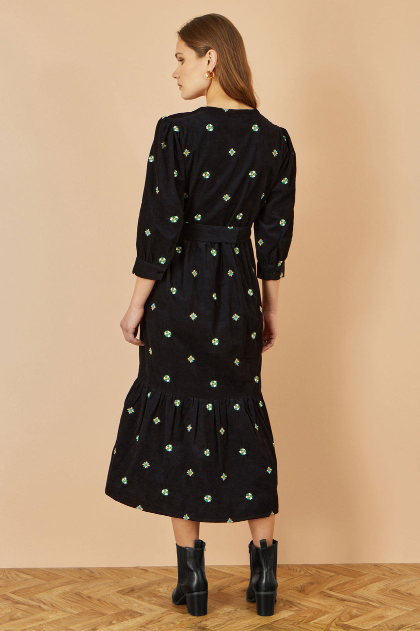 Yumi Black Flower Embroidery Midi Cord Dress