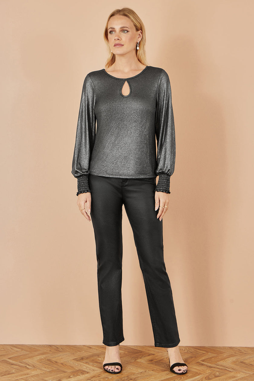 Yumi Black Metallic Bow Back Top