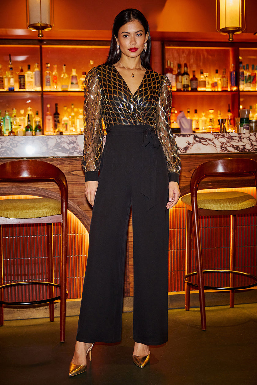 Yumi Black And Gold Sequin Wrap Over Jumpsuit