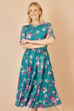 Yumi Teal Mesh Skater Floral Midi Dress