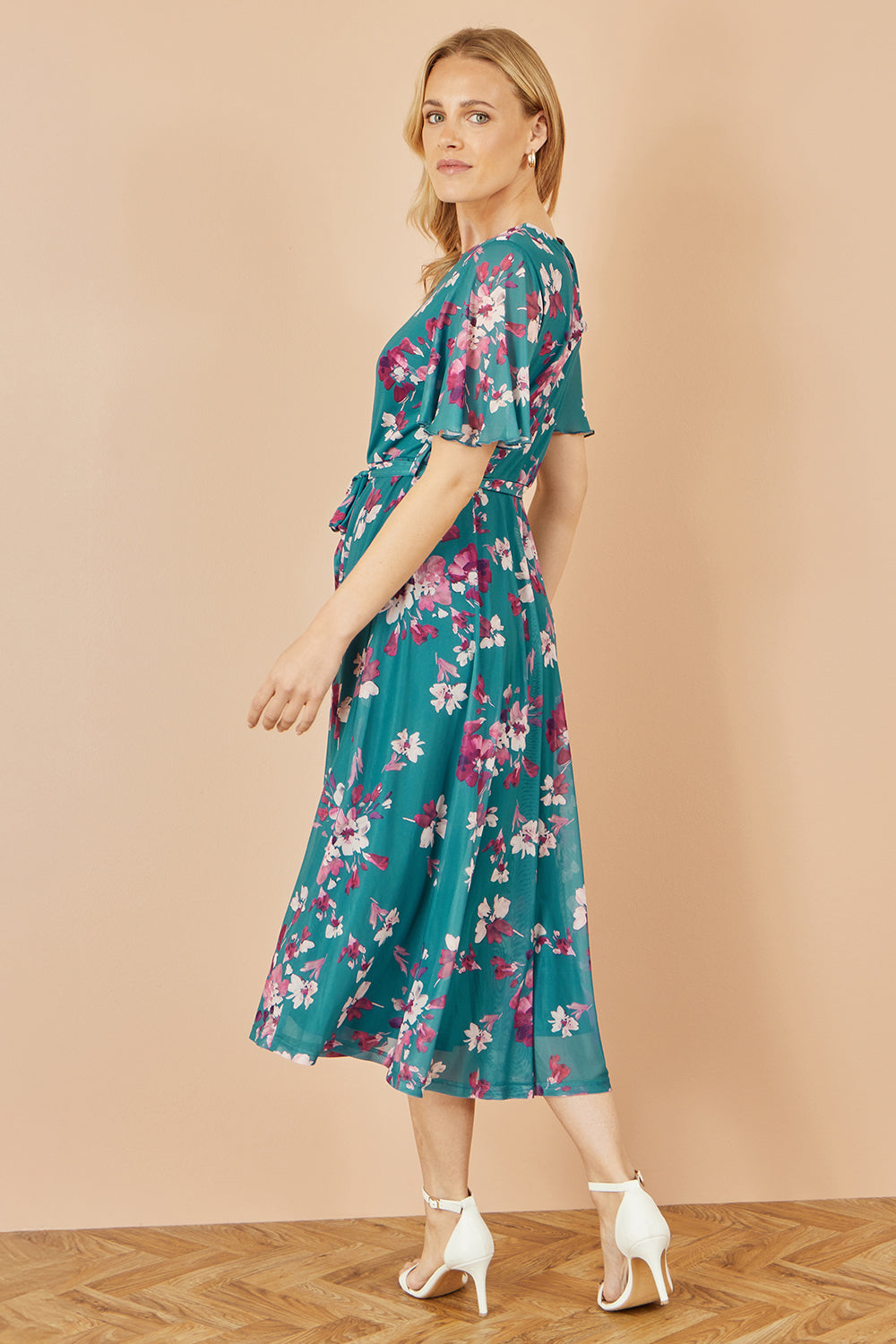 Yumi Teal Mesh Skater Floral Midi Dress