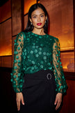 Yumi Green Sheer Sleeve Applique Flower Top