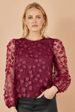 Yumi Burgundy Sheer Sleeve Applique Flower Top
