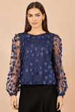 Yumi Navy Sheer Sleeve Applique Flower Top
