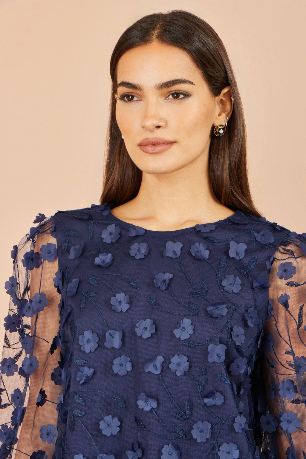 Yumi Navy Sheer Sleeve Applique Flower Top