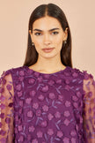 Yumi Plum Sheer Sleeve Applique Flower Top