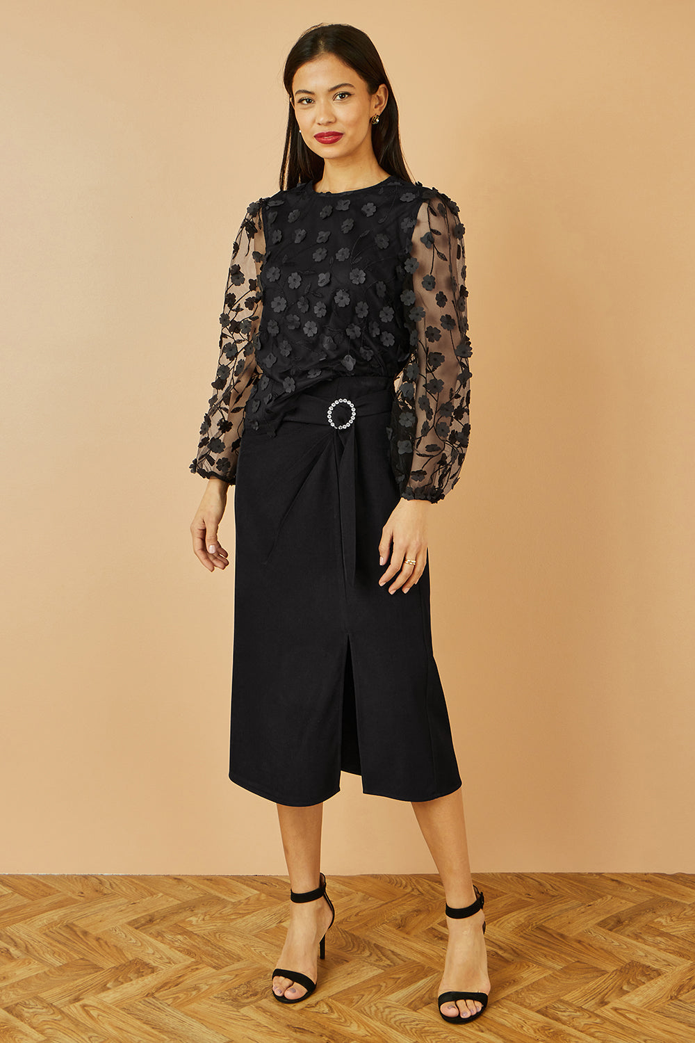 Yumi Black Sheer Sleeve Applique Flower Top