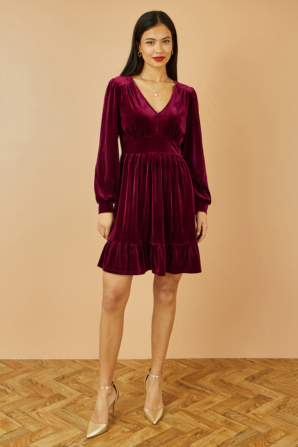 Yumi Burgundy Velvet Long Sleeve Skater Dress