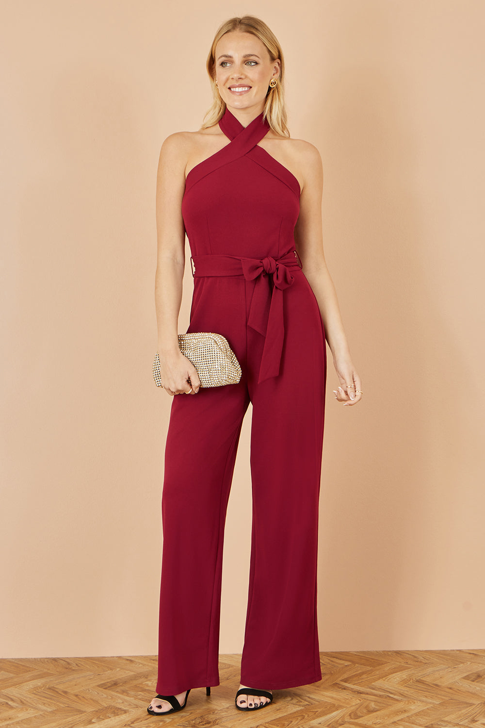 Yumi Burgundy Cross Over Halter Neck Jumpsuit