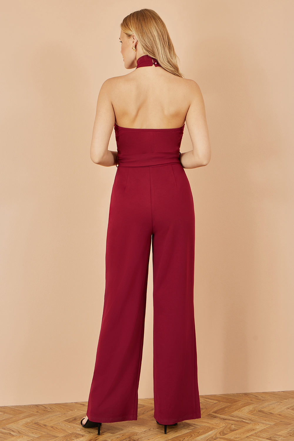 Yumi Burgundy Cross Over Halter Neck Jumpsuit