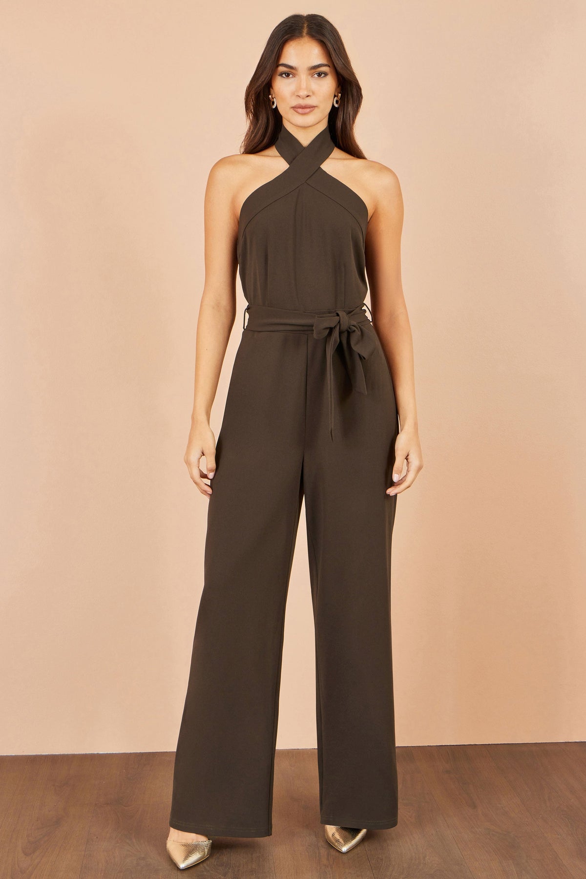 Yumi Brown Cross Over Halter Neck Jumpsuit